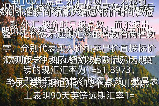  外匯點(diǎn)數(shù)怎么計(jì)算$點(diǎn)數(shù)匯率是遠(yuǎn)期匯率的一種表示方法以點(diǎn)數(shù)表示遠(yuǎn)期匯率與即期匯率的差價(jià)所謂點(diǎn)數(shù)，就是表明由比價(jià)數(shù)字中的小數(shù)點(diǎn)以后的第四位數(shù)，也即一個(gè)點(diǎn)約為萬分之一在一般情況下，匯率在一天內(nèi)也就是在小數(shù)點(diǎn)后的三位數(shù)變動(dòng)，也即變動(dòng)幾十個(gè)點(diǎn)，不到100個(gè)點(diǎn)在 外匯市場上，為搶時(shí)間抓住瞬間行情，縮短 報(bào)價(jià)時(shí)間，遠(yuǎn)期 外匯 報(bào)價(jià)時(shí)只報(bào)點(diǎn)數(shù)，而不報(bào)出整個(gè)匯價(jià)表示遠(yuǎn)期匯率的點(diǎn)數(shù)有兩欄數(shù)字，分別代表買入價(jià)和賣出價(jià)直接標(biāo)價(jià)法則反之，如在紐約 外匯市場上，英鎊的現(xiàn)匯匯率為1=$1.8973，90天英鎊期匯升水15個(gè)點(diǎn)，則實(shí)際上表明90天英鎊遠(yuǎn)期匯率1=