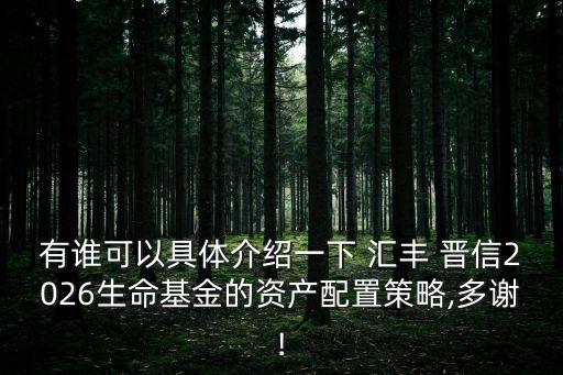 有誰可以具體介紹一下 匯豐 晉信2026生命基金的資產(chǎn)配置策略,多謝!