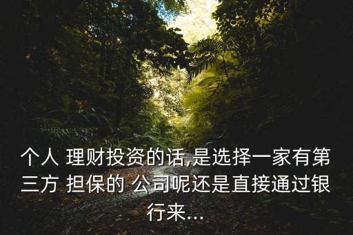 個人 理財(cái)投資的話,是選擇一家有第三方 擔(dān)保的 公司呢還是直接通過銀行來...