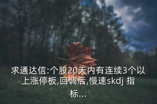 求通達信:個股20天內(nèi)有連續(xù)3個以上漲停板,回調(diào)后,慢速skdj 指標(biāo)...